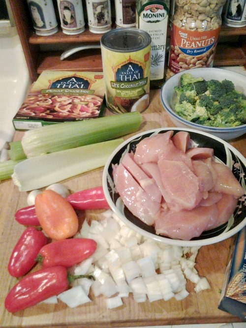 lots of fresh ingredients for chicken peanut pasta