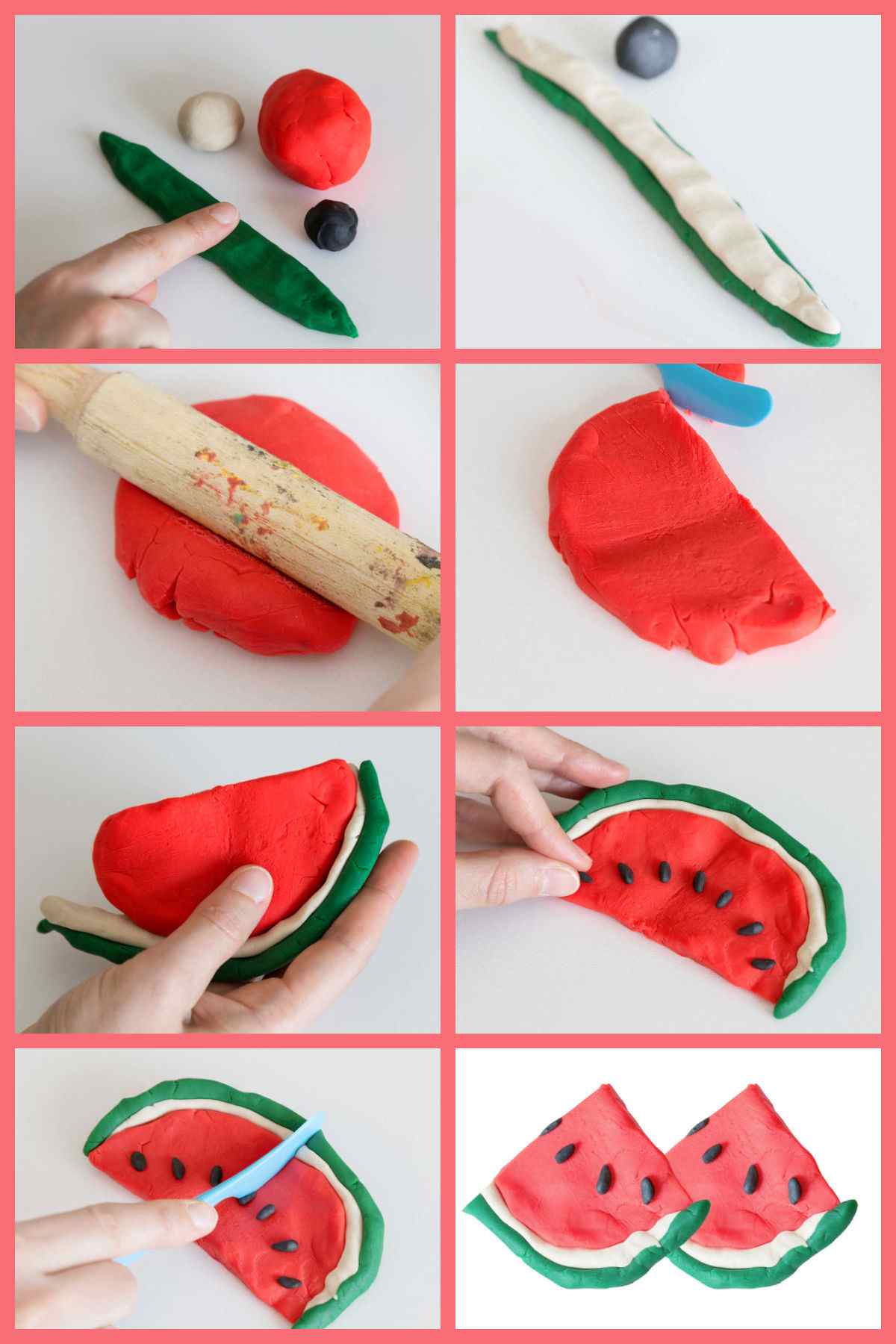 Collage showing process for making watermelon play dough.