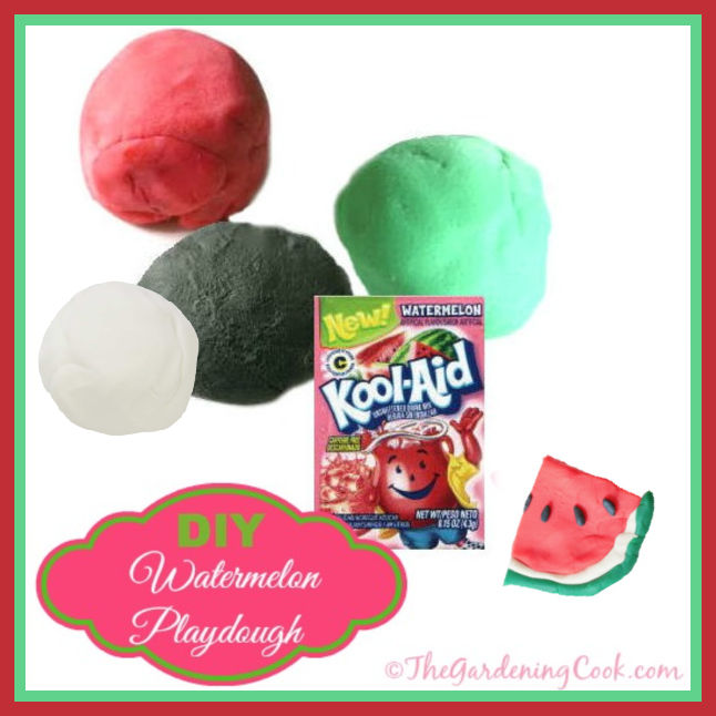 Three balls of playdough and a package of watermelon Kool Aid.