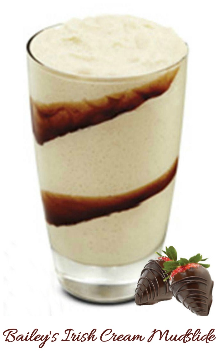 Bailey's Irish Cream mudslide cocktail Recipe in a tall glass with chocolate covered strawberries.