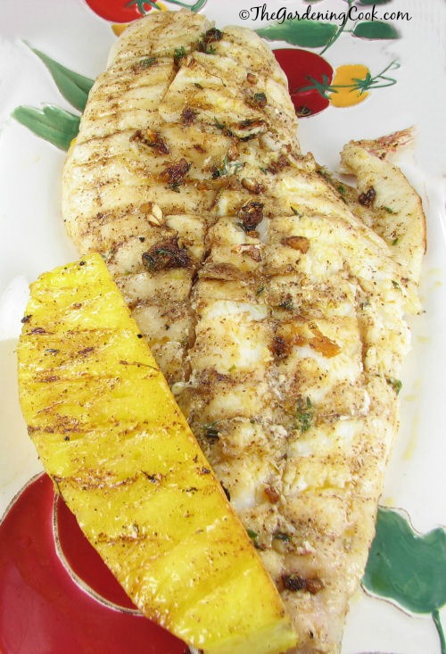 Perfect for your next camping trip. Caribbean snapper with grilled pineapple was cooked on a campfire safe fish griller and tastes delicious. Get the recipe at thegardeningcook.com/carribean-grilled-snapper-pineapple-great-camping-recipe