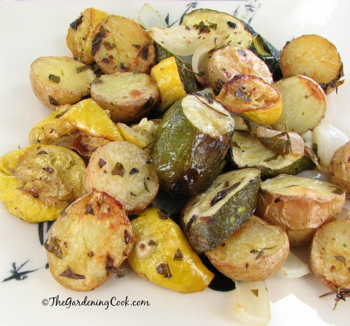 Oven roasted zucchini, new potatoes and onions. Fresh from the garden to the table! Get the recipe at thegardeningcook.com/roasted-garden-vegetables-fresh-herbs