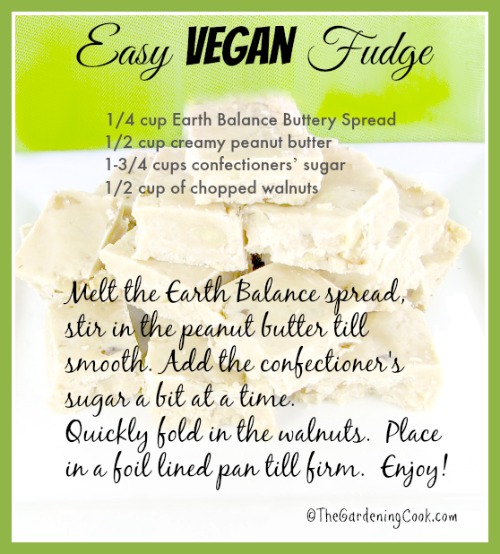 I made this Vegan Fudge for my daughter for Christmas and she loved it. Super easy and delicious. See more 3 and 4 ingredient recipes https://staging.thegardeningcook.com/fast-easy-meals/ 