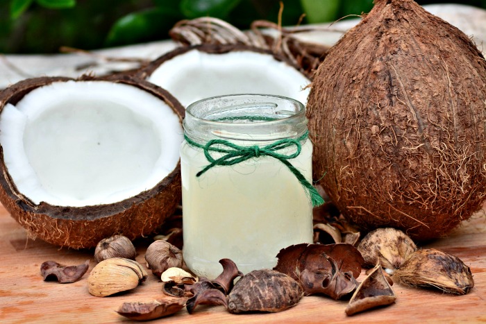 coconuts, coconut flesh and water