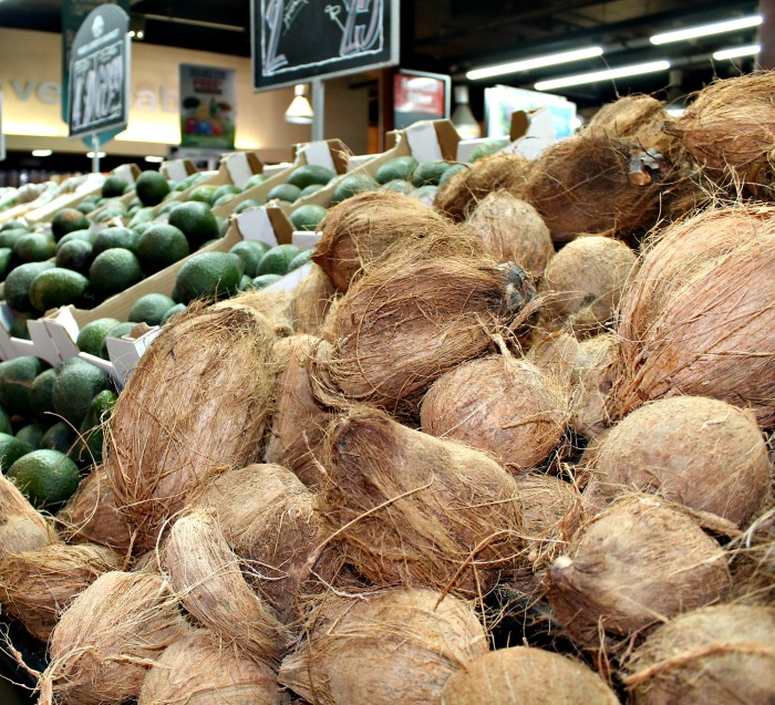Fresh coconuts at the supermarket