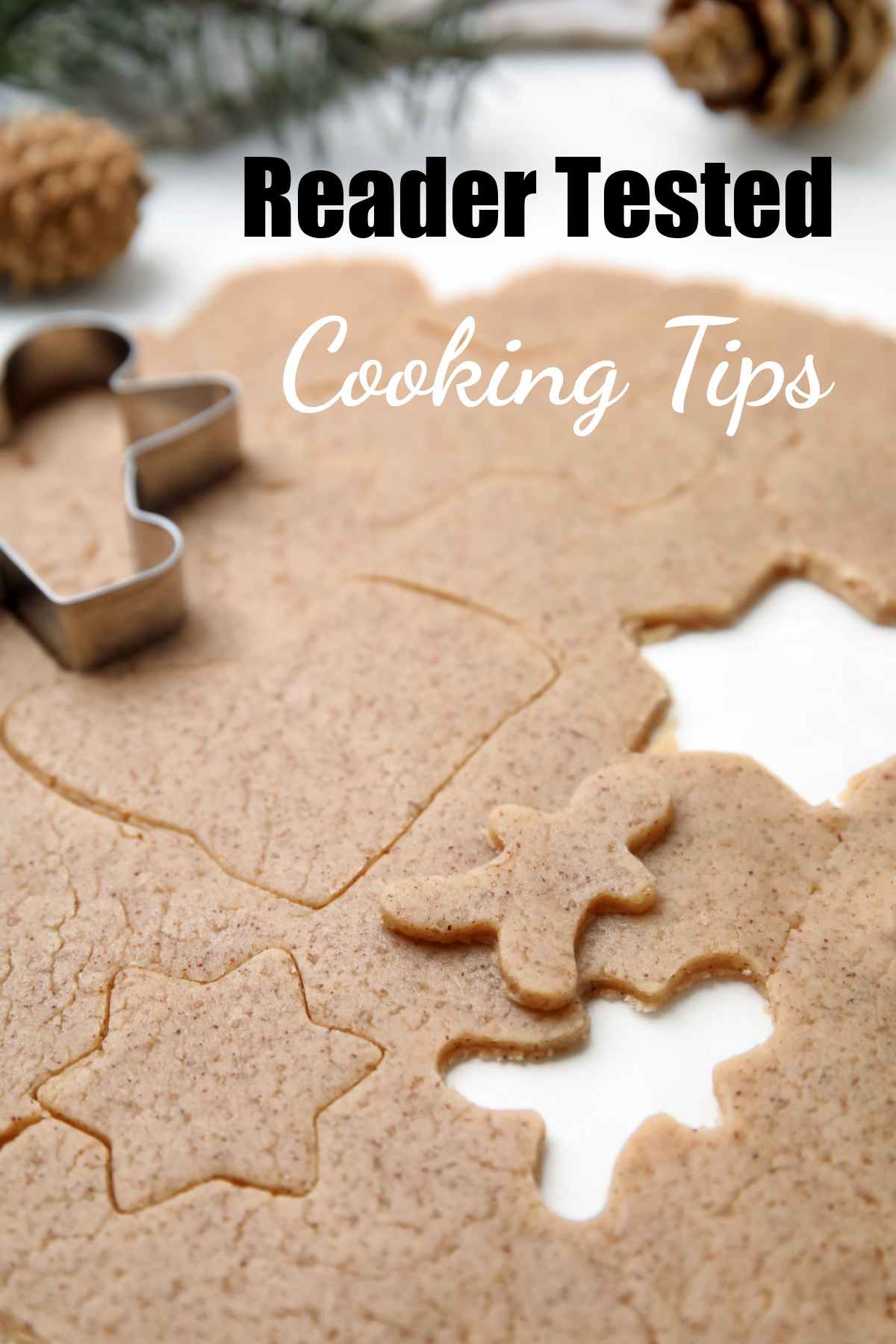 Gingerbread dough and cookie cutters with words cooking tips/