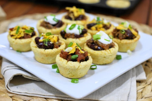 chili Bites in mini cornbread cups from thekitchenismyplayground.com