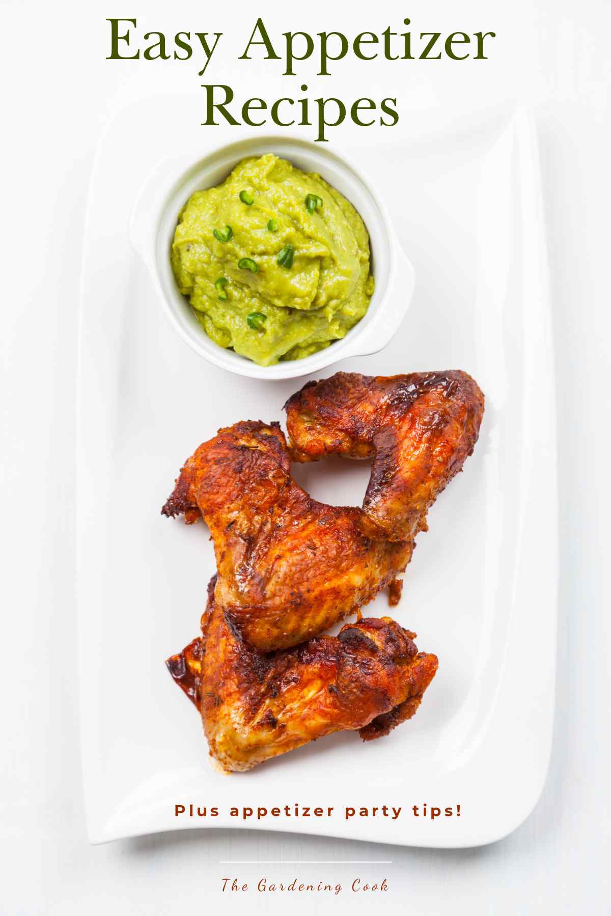 Guacamole and sticky chicken wings on a white plate with words easy appetizer recipes.