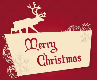Reindeer on red card with words Merry Christmas.