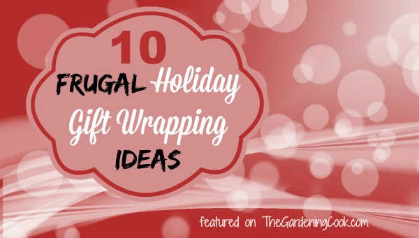 Red white bokeh background with words 10 Frugal holiday gift wrapping ideas.