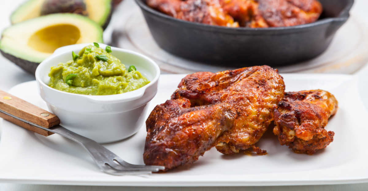 chicken wings and guacamole on a plate with fork.