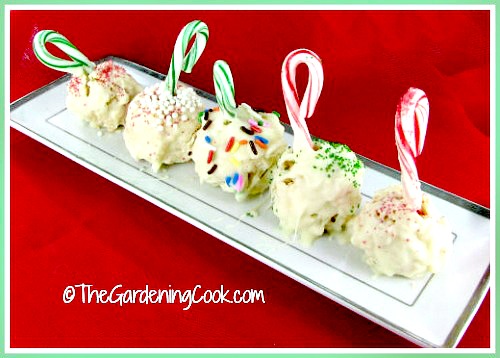 These peppermint rice Krispie ball treats will add a festive touch to your holiday table this year. thegardeningcook.com
