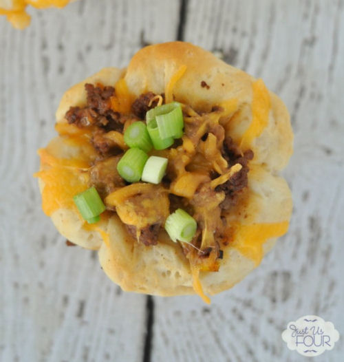 turkey Taco Biscuit Cups. Made in a muffin tin from justusfourblog.com