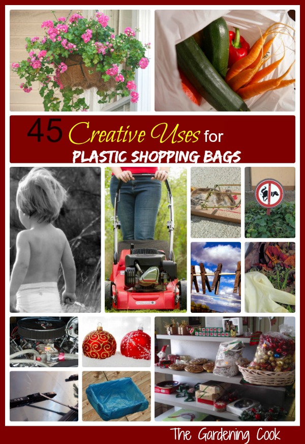 Collagte with household activities and words 45 Creative uses for plastic shopping bags