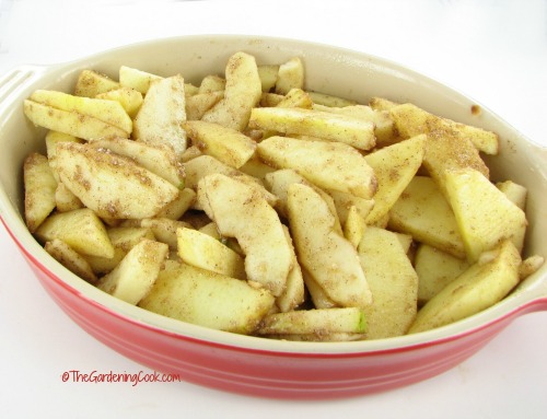 Apples with cinnamon in a red dish.