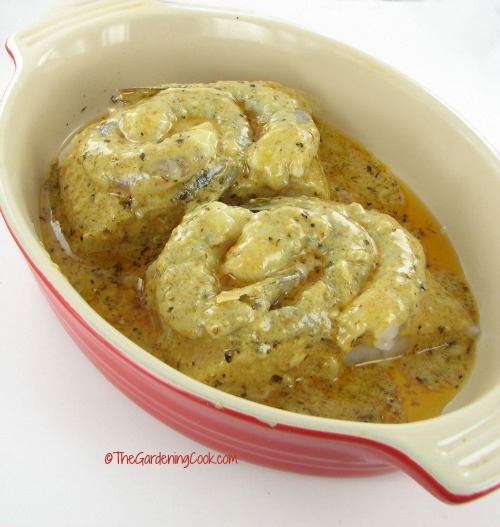 Oven baked cod and shrimp with lemon mustard sauce