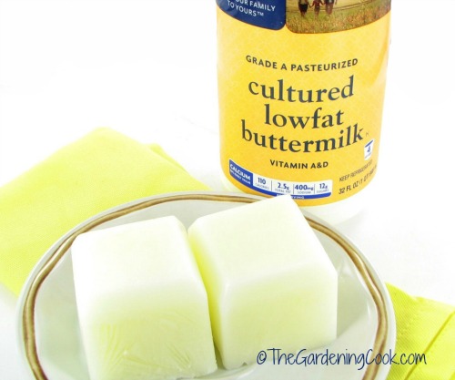 Frozen buttermilk cubes near a bottle of cultured low fat buttermilk.