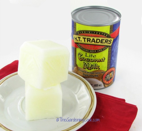 frozen coconut milk cubes on a plate with napkin and can of lite coconut milk.