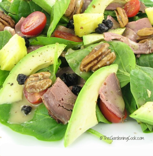 Paleo Beef Avocado Blueberry Salad with maple Mustard dressing.