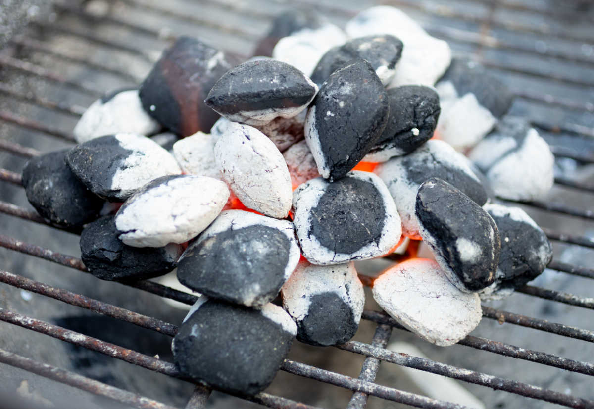 Banked charcoal to create heat zones.