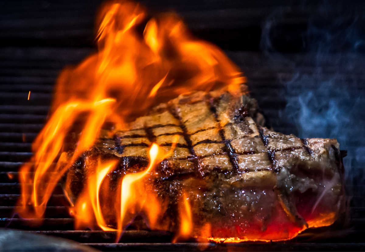 Flare up on a piece of steak.