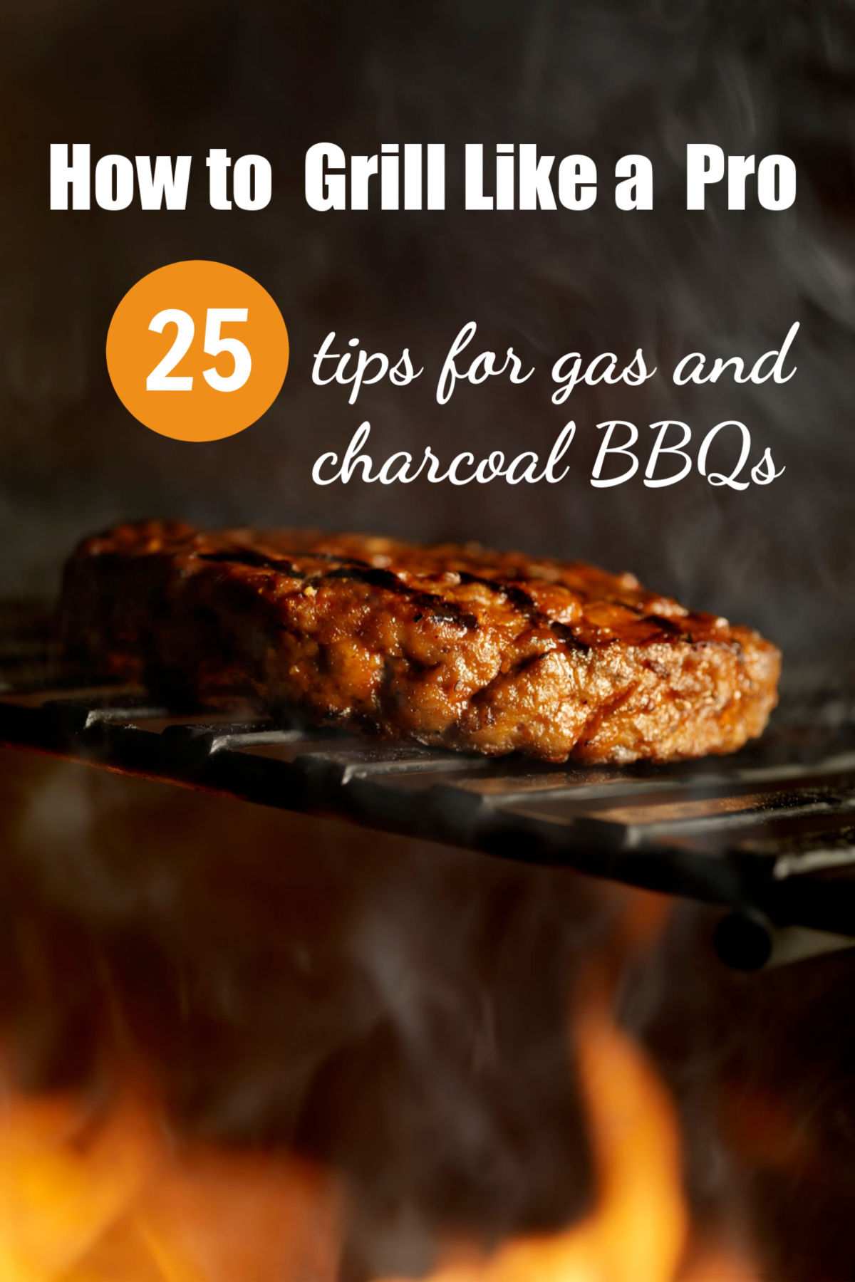 Meat on grill over a flame with words How to Grill Like a Pro - 25 tips for gas and charcoal BBQs.