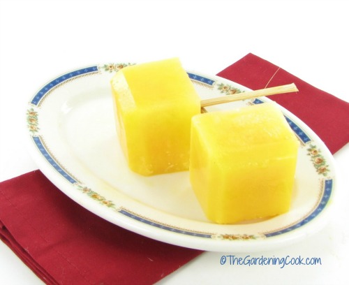 orange juice pops made in silicone ice cube trays on a white and blue plate with a red napkin.