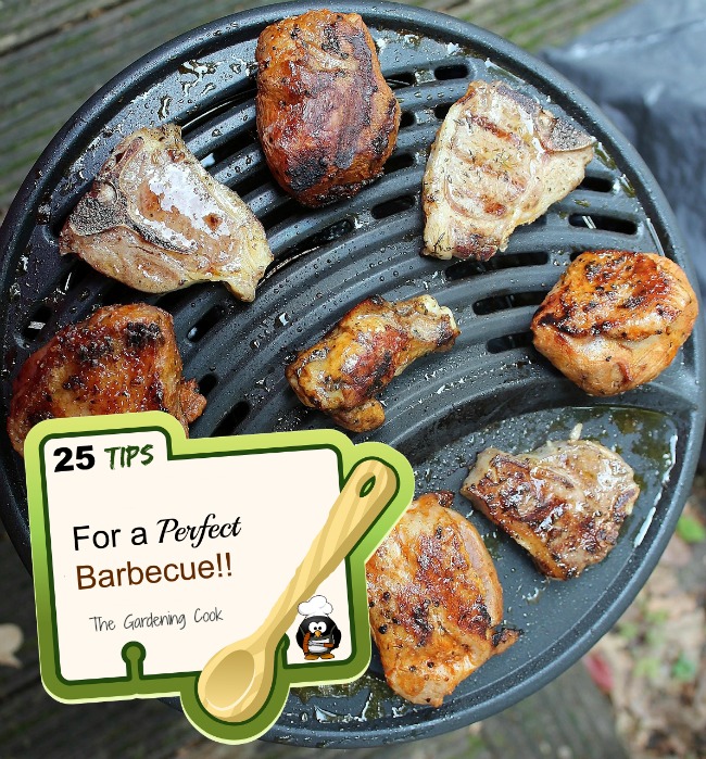 Meat arranged on a grill with words 25 tips for a perfect barbecue.