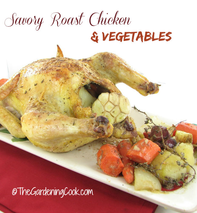 Roast chicken on a plate with words Savory roast chicken and vegetables.