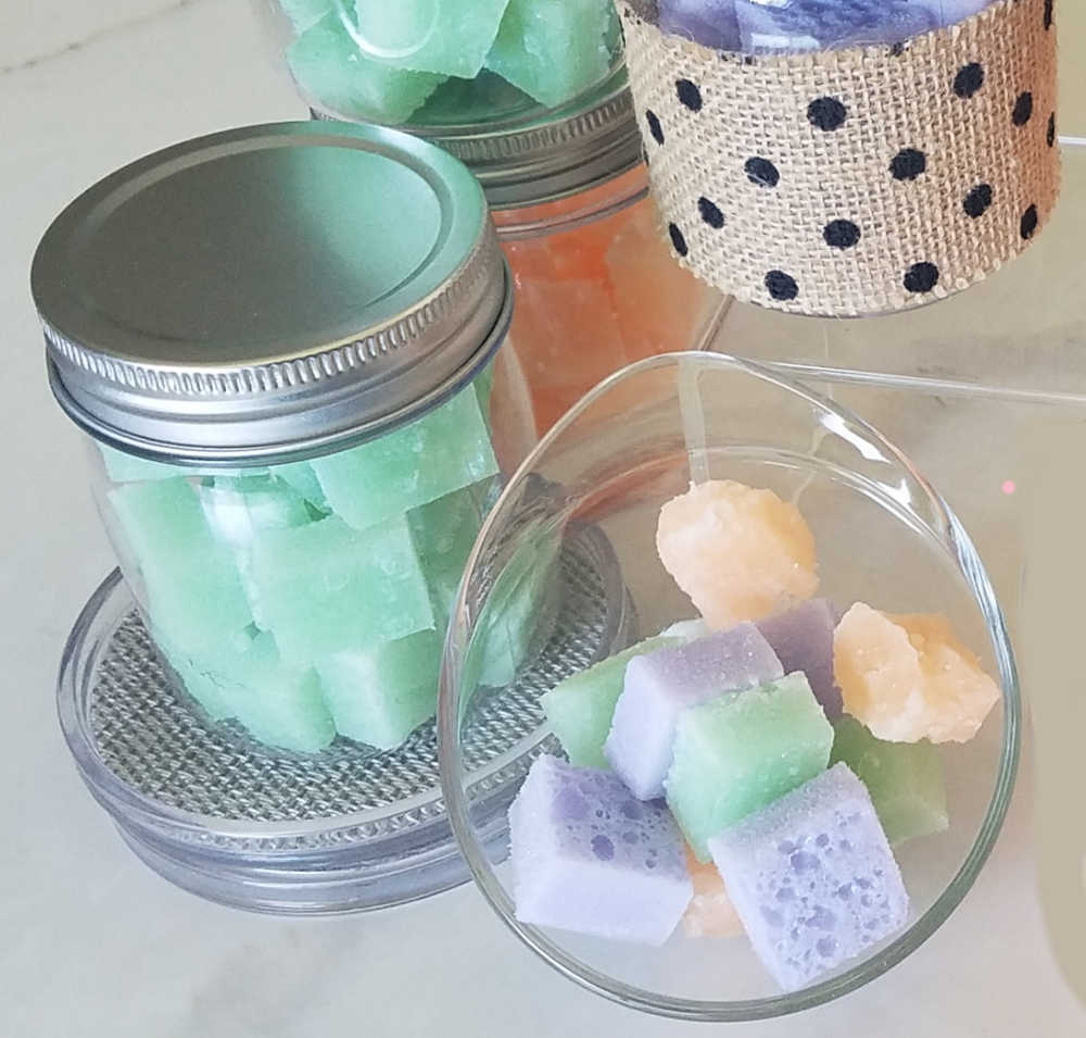 Soap cubes in bath cannisters.