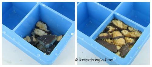 Specialty iced coffee in silicone ice cube trays made with coffee and cookie pieces.