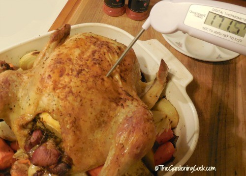 A quik Temp digital thermometer shows when the chicken is done.