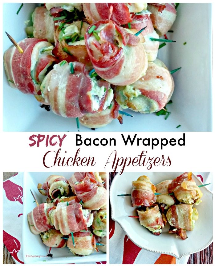 Chicken appetizers on plates with the words Spicy bacon wrapped chicken appetizers. 