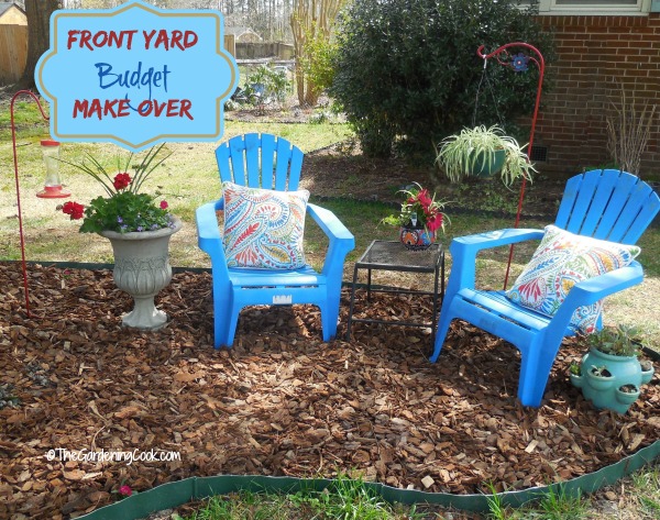 Blue Adirondack chairs with cushions, planters and shepherd's pole and words reading Front Yard Make over On a Budget.