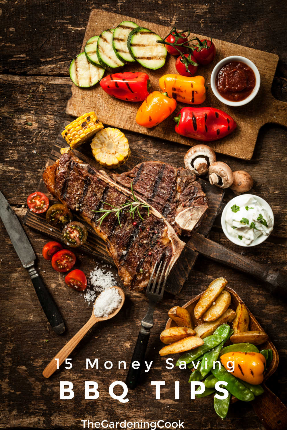 Scene of meats and vegetables that have been grilled and text reading 15 Money Saving BBQ tips.