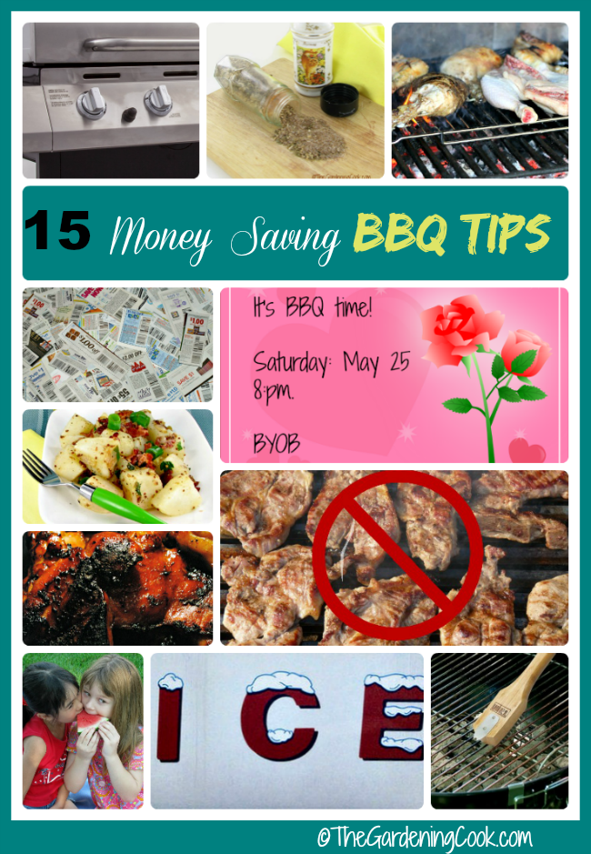 Collage with food on a grill and the words 15 Money Saving BBQ tips