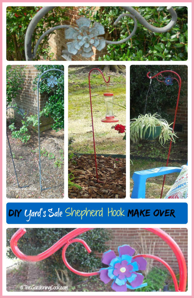 Collage with a garden project and words DIY Yard's Sale Shepherd Hook Make Over