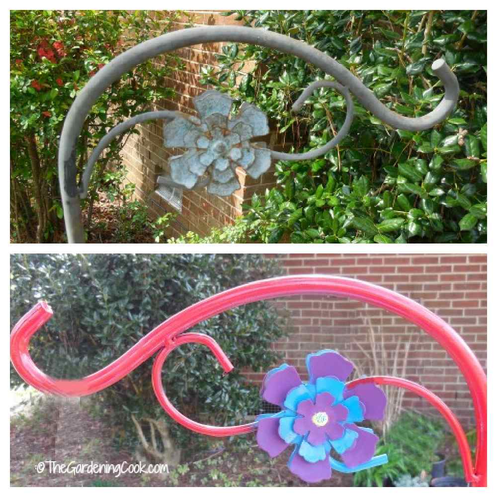 Collage showing a shepherd's hook makeover.