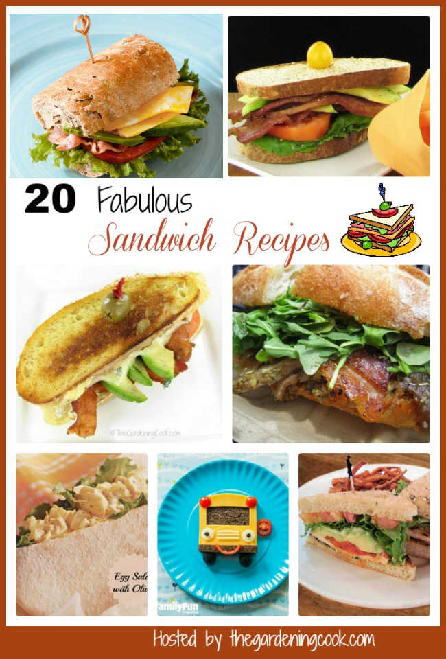 20 Sandwich recipes Variety of sandwiches in a collage with words 20 Fabulous Sandwich Recipes.