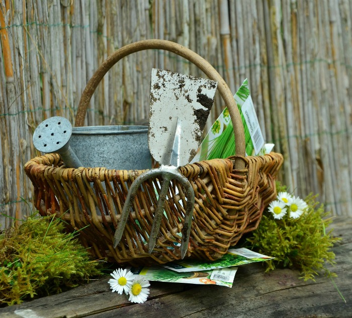 Basket with garden tools