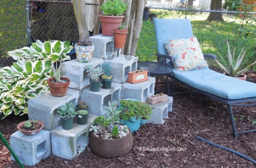 cement blocks shelfing unit and seating area