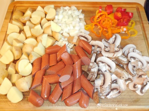 chopped vegetables and hot dogs