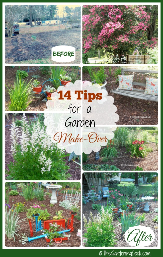 Collage with before and after garden photos and words 14 tips for a successful garden Makeover.