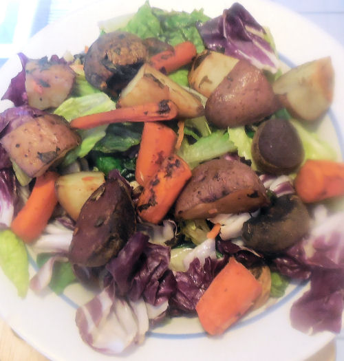 Roasted beet and chicken salad with garden vegetables
