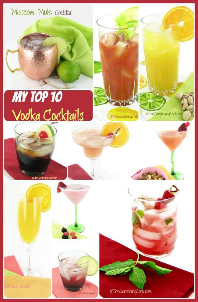 Drinks in martini glasses, copper mugs and highball glasses featured in a collage with the words My top10 favorite vodka drinks