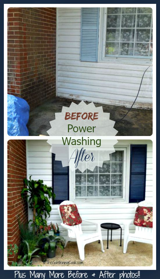 Before and after photos of power washing a patio and house.