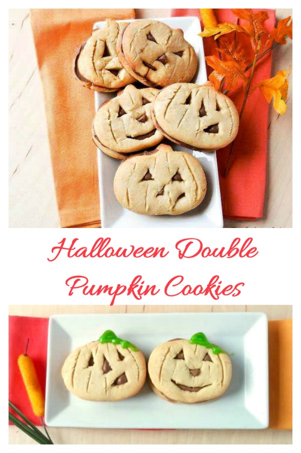 Cookies on a plate in a collage with words reading "Halloween double pumpkin cookies."