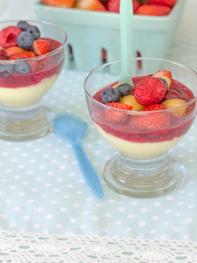 Homemade vanilla custard with fresh fruit sauce. Shared with permission from mollymel.blogspot.com