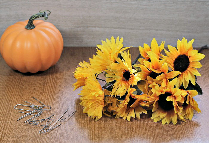 Pumpkin and sunflower with floral pins.