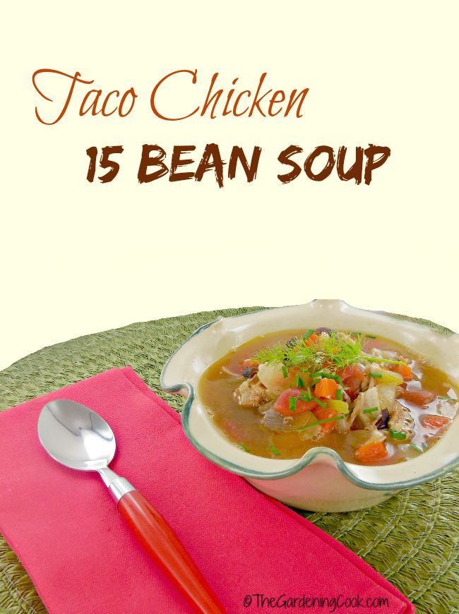 This taco chicken 15 bean soup is so hearty and delcious. It is full of flavor, very filling and yet has only 86 calories per serving.